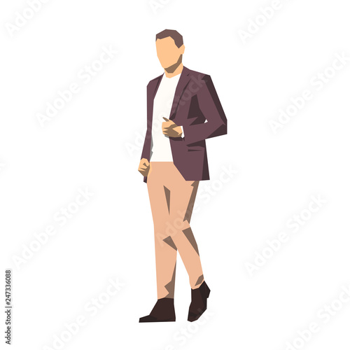 Businessman in suit standing, flat geometric vector illustration