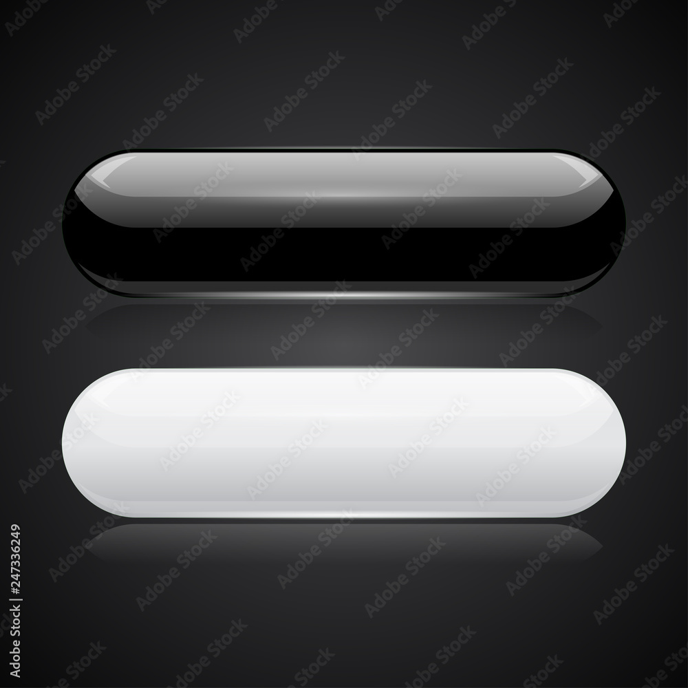 Black and white oval buttons. 3d glossy icons on black background Black and white oval buttons. 3d glossy icons on black background