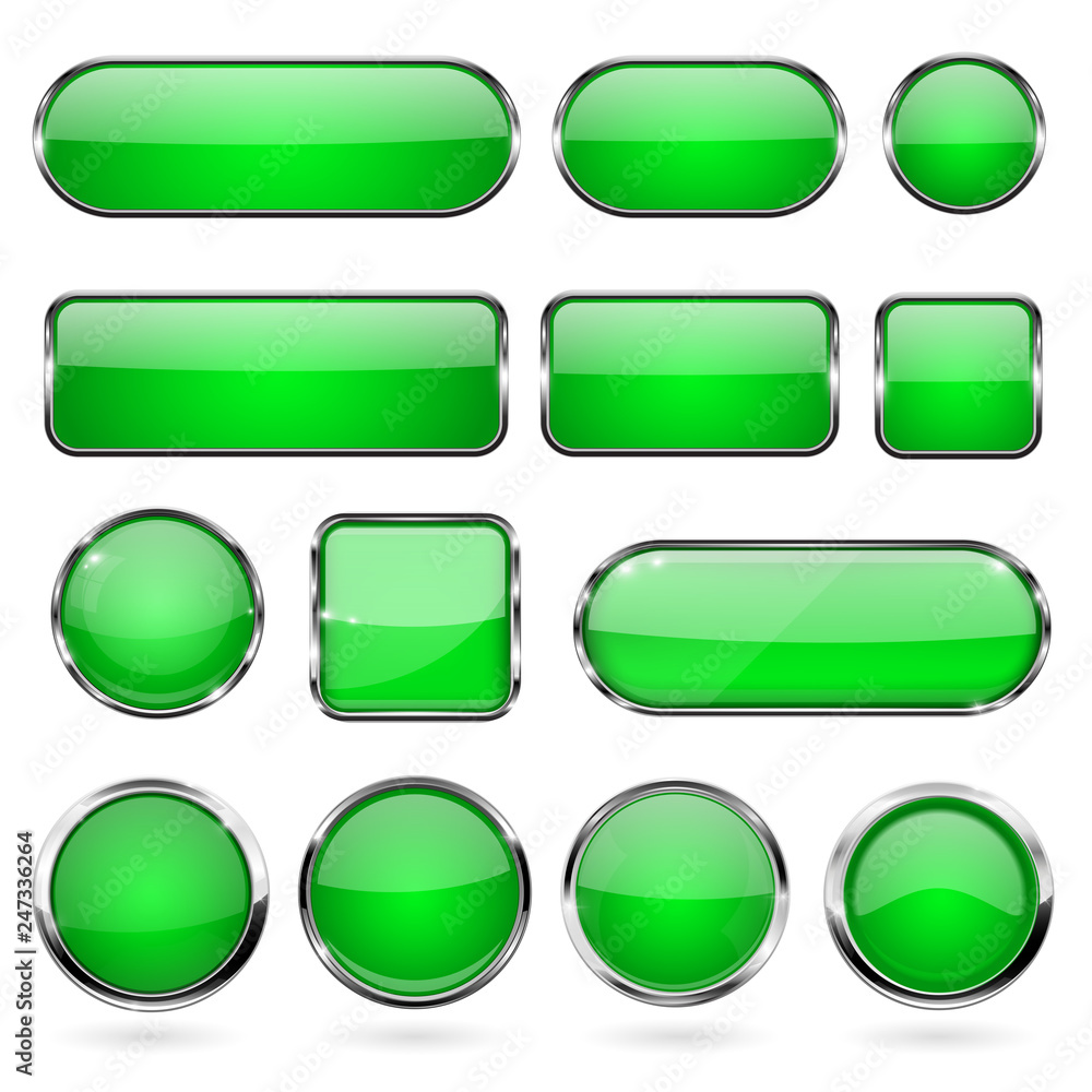 Green glass buttons with metal frame. Collection of 3d icons Green glass buttons with metal frame. Collection of 3d icons