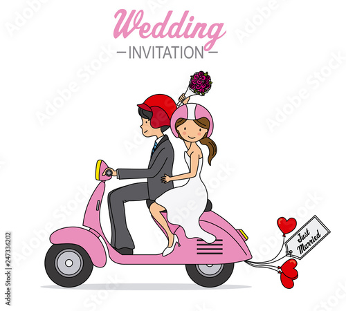 wedding card. Newlyweds on a motorcycle