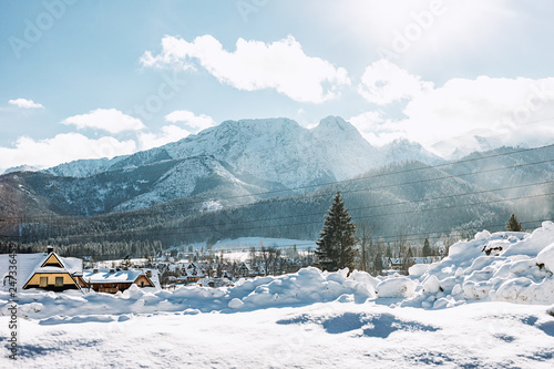view of beautiful mountain landscape in the tatra mountains and in the background at sun  Zakopane  Poland