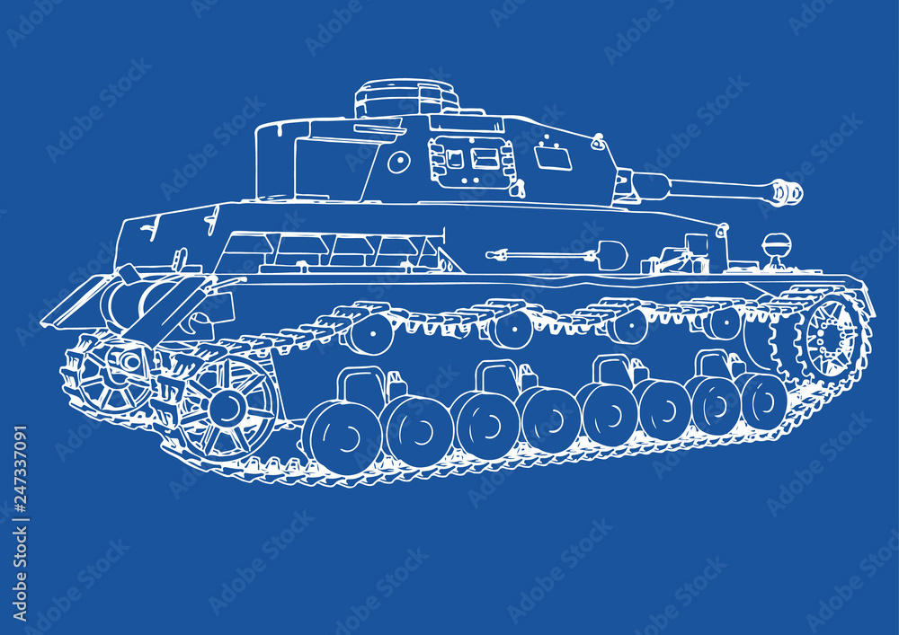 drawing of old military equipment tank on a blue background vector