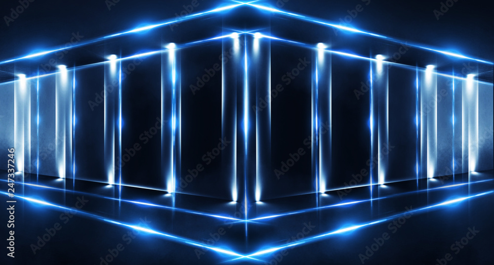 background of empty room, lamps, neon light, smoke, fog. Product showcase spotlight background. Clean photographer studio. Abstract blue background with rays of neon light, spotlight, reflection background of empty room, lamps, neon light, smoke, fog. Product showcase spotlight background. Clean photographer studio. Abstract blue background with rays of neon light, spotlight, reflection