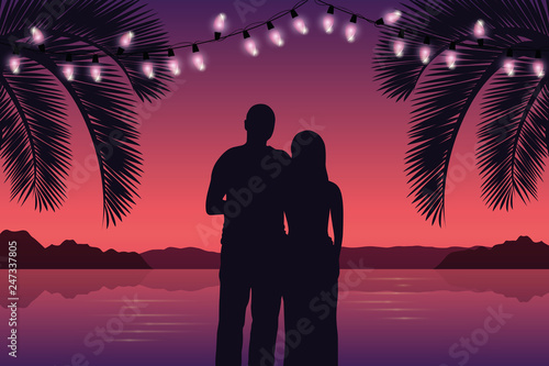 couple in love on purple paradise palm beach with fairy lights vector illustration EPS10