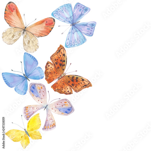 Background with hand drawn watercolor butterflies. Sketch illustration with space for text  invitation or greeting card.