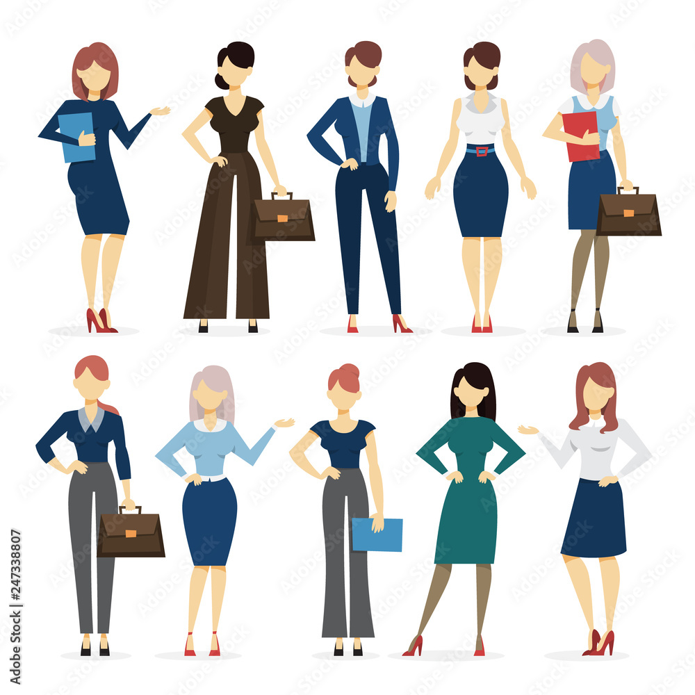 Businesswoman in various suit set. Collection of female Businesswoman in various suit set. Collection of female