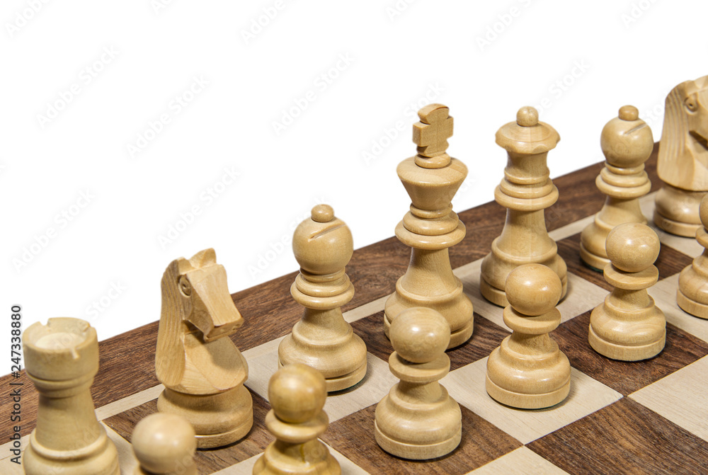 Part of wooden chessboard with figures Part of wooden chessboard with figures