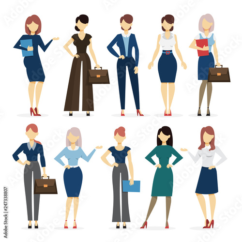 Businesswoman in various suit set. Collection of female