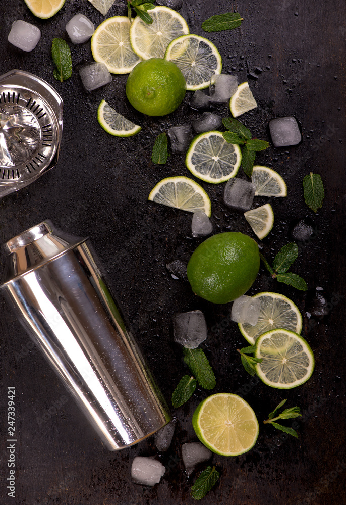 Bar accessories and ingredients for cocktail drink lime, mint, ice Bar accessories and ingredients for cocktail drink lime, mint, ice