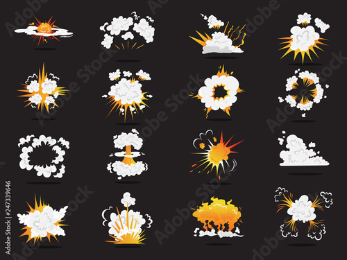 Set of explosive boom effect. Smoke from bomb