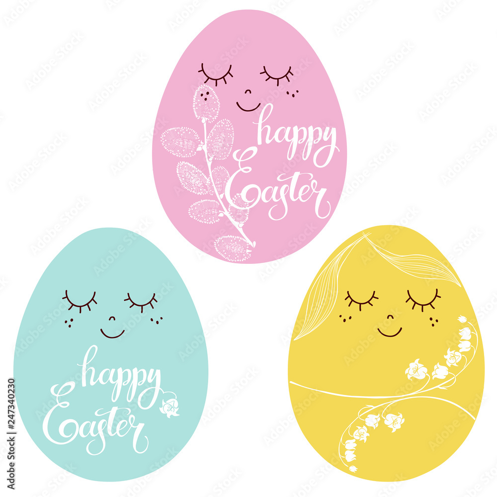 Festive multicolored Easter eggs,pussy willow and lilies of the valley. Easter background. Vector cartoon illustration on a white background. Festive multicolored Easter eggs,pussy willow and lilies of the valley. Easter background. Vector cartoon illustration on a white background.