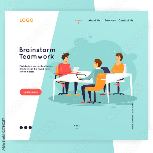 Site template, Teamwork, brainstorming, conference, concept discussion, meeting. Web page design. Website and mobile development. Flat vector illustration in cartoon style.