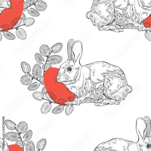 Seamless vector pattern with rabbits, Pussy Willow twigs and festive Easter eggs on a white background.