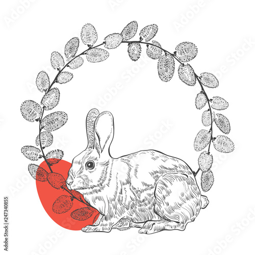 Easter background with rabbit, Pussy Willow wreath and festive Easter egg. Vector illustration on a white background. Perfect as a greeting card, invitation or element for design.