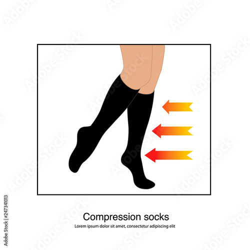 Pair of black female Compression fitness maternity nursing medical socks vector graphic illustration with 3 gradient arrows infographics showing compression levels for listing icon eps10