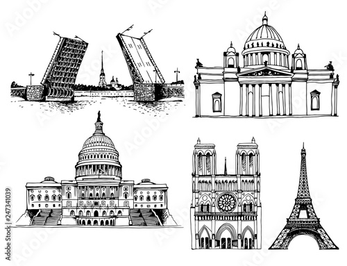 Palace Bridge, Peter and Paul Fortress and Saint Isaac's Cathedral, United States Capitol Building, Notre Dame de Paris Cathedral and Eiffel Tower. Vector world landmarks isolated on white background