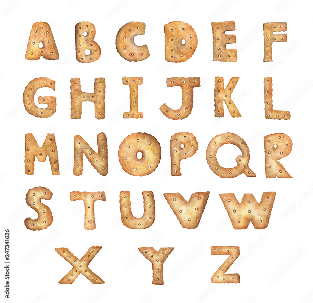 Cookie alphabet isolated on white background. Baking ABC. Watercolor illustration. Cookie alphabet isolated on white background. Baking ABC. Watercolor illustration.