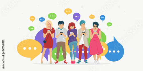 Chat speech bubbles for texting, leaving comment and memes concept flat vector illustration of young teenagers using mobile smartphone for chat texting in messenger app. People standing with bubbles