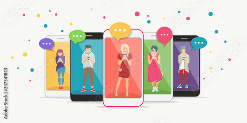 Smart phone addiction concept flat vector illustration of teenagers inside the mobile smartphones with chat speech bubbles texting, leaving comment and sharing memes. Young people addicted to internet