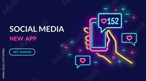 Neon sign of social media app for chatting, following and sharing memes. Bright vector neon light illustration of smartphone with speech bubble and feedback message in social networks