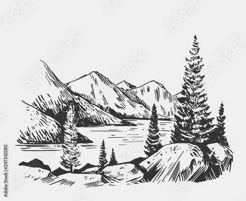 Wild natural landscape with lake, rocks, trees. Hand drawn illustration converted to vector.