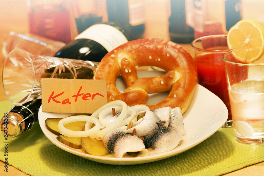 Katerfrühstück, Kater, Frühstück, Rollmops, Aspirin, Textraum Stock ...