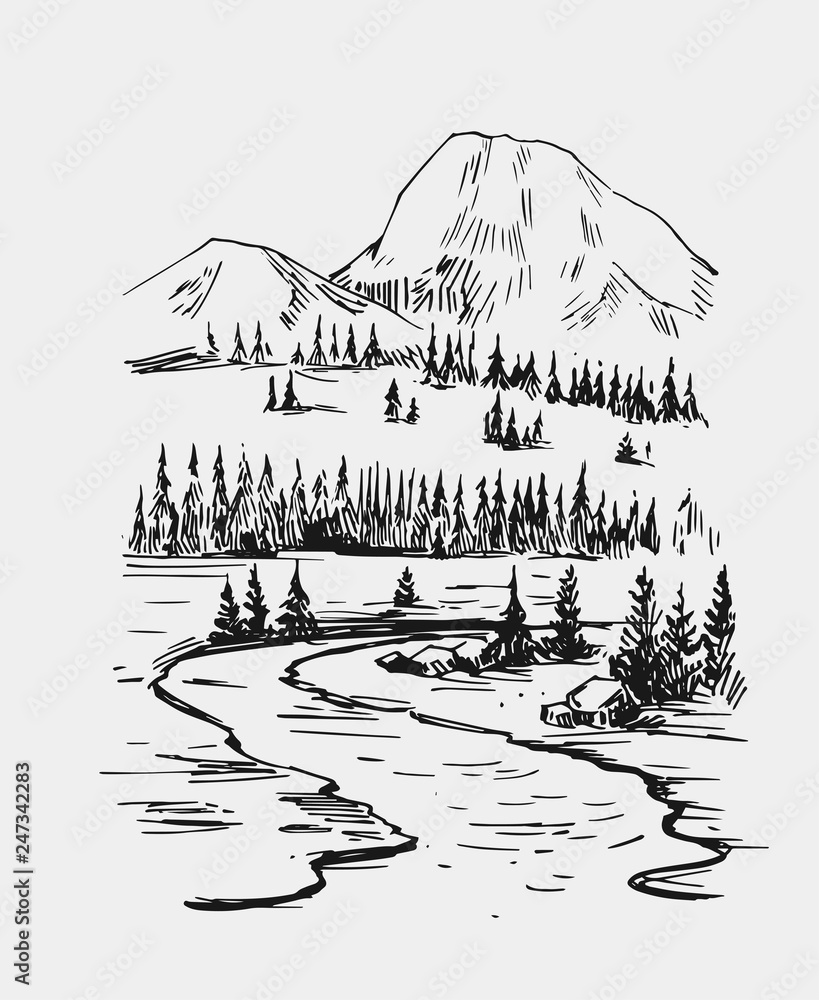 Plakat Wild natural landscape with lake, rocks, trees. Hand drawn illustration converted to vector.