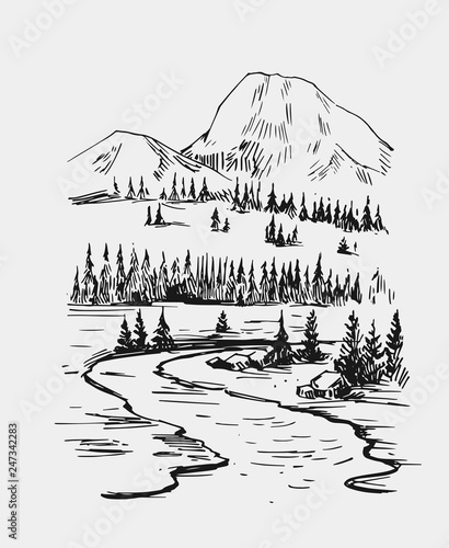 Wild natural landscape with lake, rocks, trees. Hand drawn illustration converted to vector.