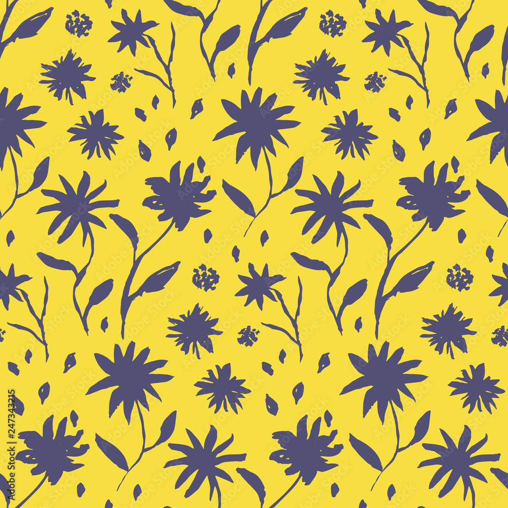 Contrast yellow and blue seamless pattern with hand drawn inky flowers and leaves. Bright chinese ink floral elements texture for textile, wrapping paper, cover, surface, wallpaper