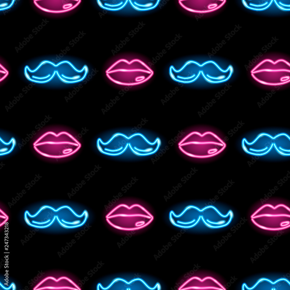 Seamless pattern with neon pink and blue icons of lips and moustache on black background. Male and female symbols. Vector 10 EPS illustration Seamless pattern with neon pink and blue icons of lips and moustache on black background. Male and female symbols. Vector 10 EPS illustration