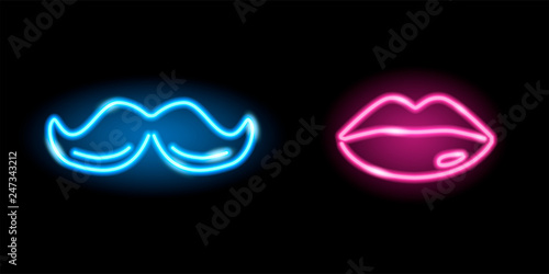 Neon icons of lips and moustache isolated on black background. Man and woman symbols. Signboards for bathrooms or other. Vector 10 EPS illustration
