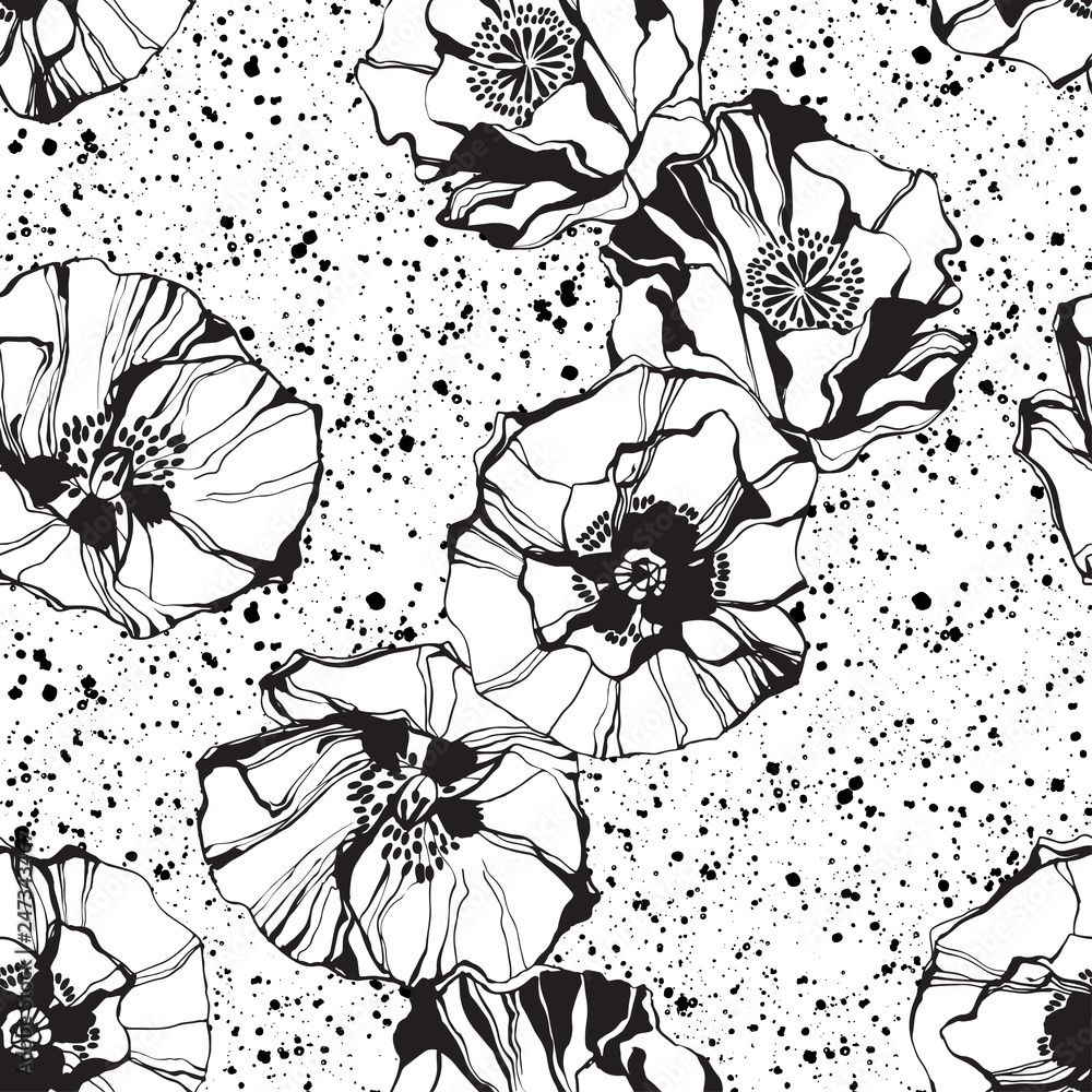 Obraz Poppy flowers on splash texture background. Seamless vector pattern. Black and white floral illustration.