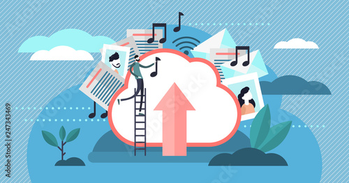 Cloud storage vector illustration. Flat tiny person uploading files concept