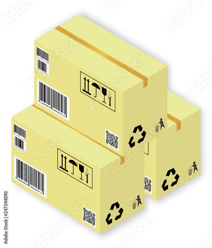 Vector drawing set of a cardboards the boxes with marking