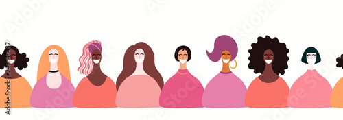 Hand drawn seamless horizontal border with diverse women faces. Vector illustration. Flat style design. Concept, element for feminism, womens day card, poster, banner, wallpaper, packaging, background