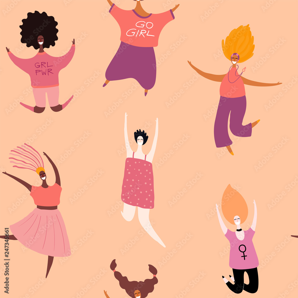 Hand drawn seamless pattern with diverse women. Vector illustration. Flat style design. Concept, element for feminism, womens day card, poster, banner, textile print, wallpaper, packaging background Hand drawn seamless pattern with diverse women. Vector illustration. Flat style design. Concept, element for feminism, womens day card, poster, banner, textile print, wallpaper, packaging background
