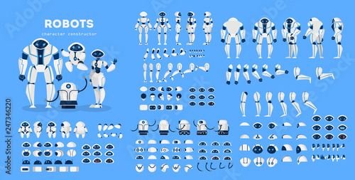 Robot character set for the animation with various views photo