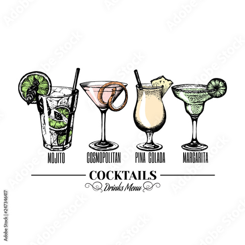 Vector illustration of alcoholic cocktails. Sketch of mojito margarita pina colada and cosmopolitan with slice of lime and straw. Bar menu design. Cocktail party icon. Template for card and poster