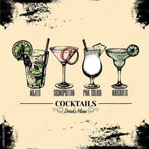 Vector illustration of alcoholic cocktails. Sketch of mojito margarita pina colada and cosmopolitan with slice of lime and straw. Bar menu design. Cocktail party icon. Template for card and poster
