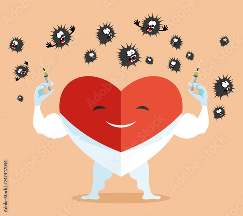 Doctor heart with syringes in his hands conquers viruses.