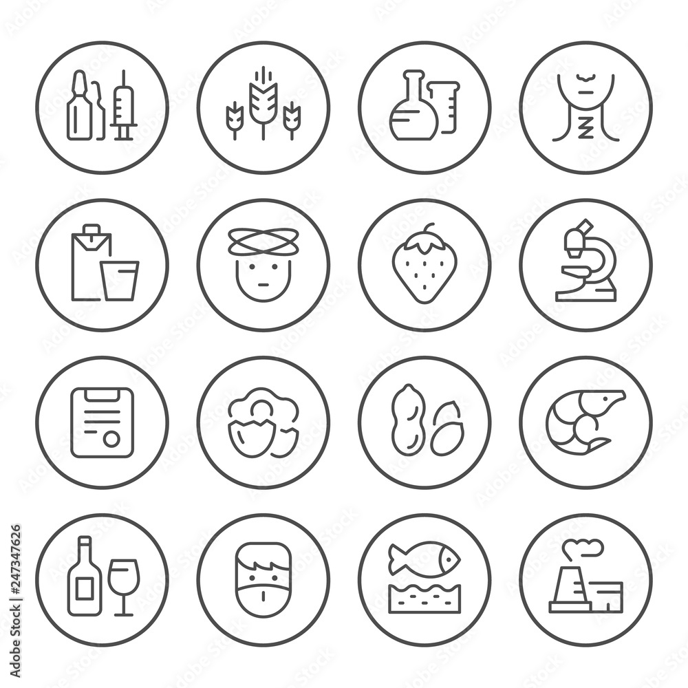 Fototapeta premium Set round line icons of allergy