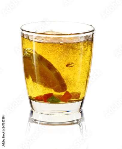 A glass of cold drink with lemon. Splash, splash fluid. Isolated.