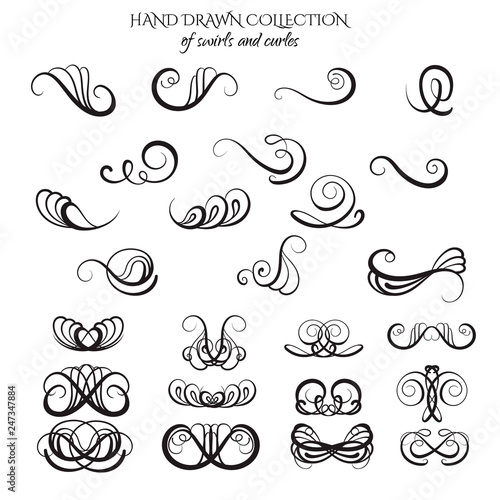 Unique collection of hand drawn swirls and curles. Unique romantic design element for wedding cards, in invitations , save the date cards , poster and banner
