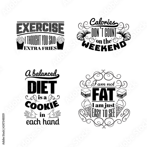 Quote typographical background about food and diet with illustration of hands  ice cream  croissant  cake  french fies and hand drawn elements . Template for business card poster and banner.