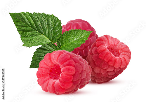 Three ripe raspberries with green leaf