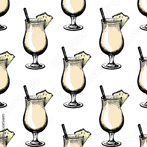 Pattern with pina colada glass isolated. Vector illustration of alcoholic cocktail. Hand drawn sketch of pina colada with slice of pineapple.Cocktail party icon. Template for card and poster