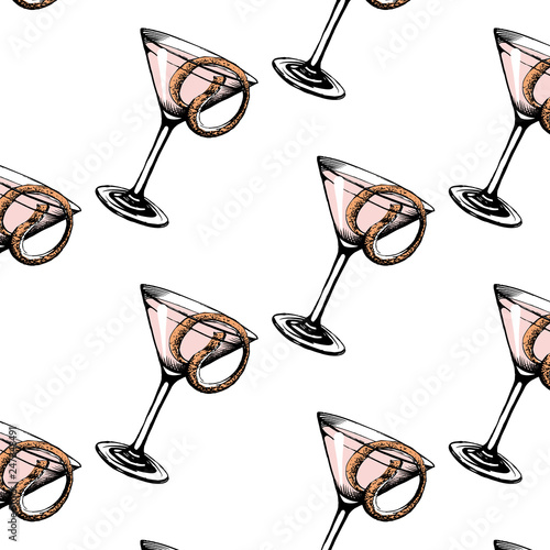 Pattern with cosmopolitan glass isolated. Vector illustration of alcoholic cocktail. Hand drawn sketch of cosmopolitan with slice of citrus. Cocktail party icon. Template for card and poster