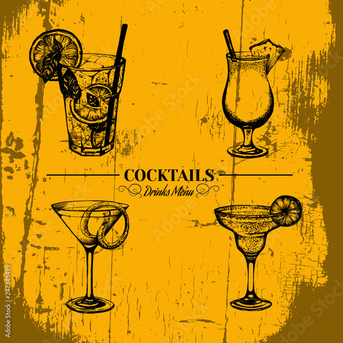 Vector illustration of alcoholic cocktaisl. Hand drawn sketch of mojito margarita pina colada and cosmopolitan with slice of lime and straw.  Cocktail party icon. Template for card and poster