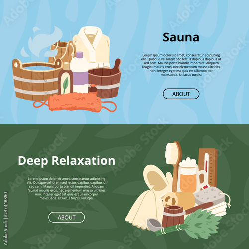 Sauna vector wooden heat spa relaxation therapy and hot steam healthcare backdrop relax therapy sign bucket bath towel illustration relax aromatherapy set background