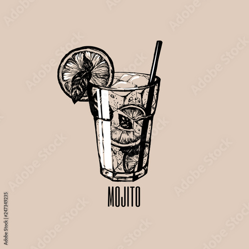 Mojito glass isolated. Vector illustration of alcoholic cocktail. Hand drawn sketch of mojito with slice of lime and straw. Bar menu design. Cocktail party icon. Template for card and poster